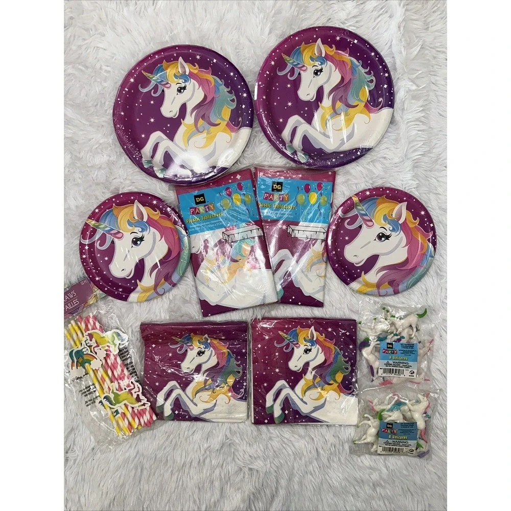 NEW DG Party Unicorn Pink Dessert Plates Tablecovers Table Cloths Napkins Favor
